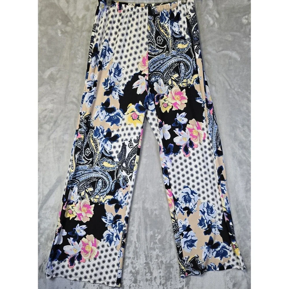 Womens Floral Pants Pull On Wide Leg Stretch Blue Paisley Print *no tags see pic